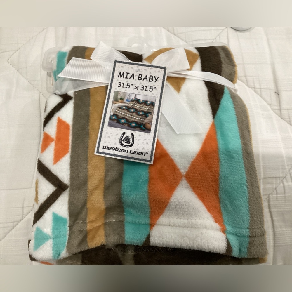 Mia Baby Plush Geometric Throw Blanket - White, Teal, Orange, Brown